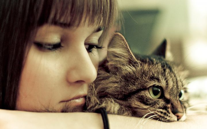 A Girl Sits With Her Cat