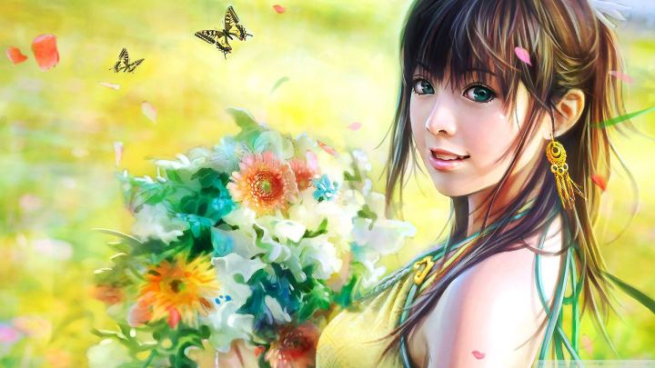 Cute Japanese Girl With A Bouquet Of Flowers