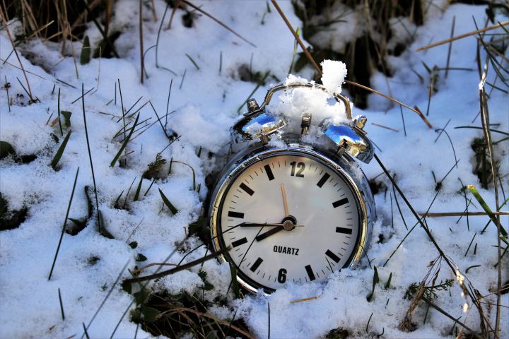 Silver Alarm Clock Lies In The Snow