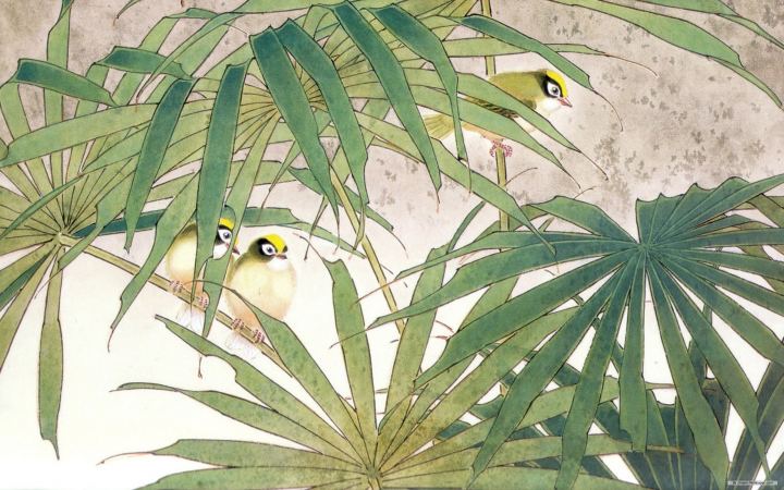 The Family Of Birds In The Bush Japanese Painting