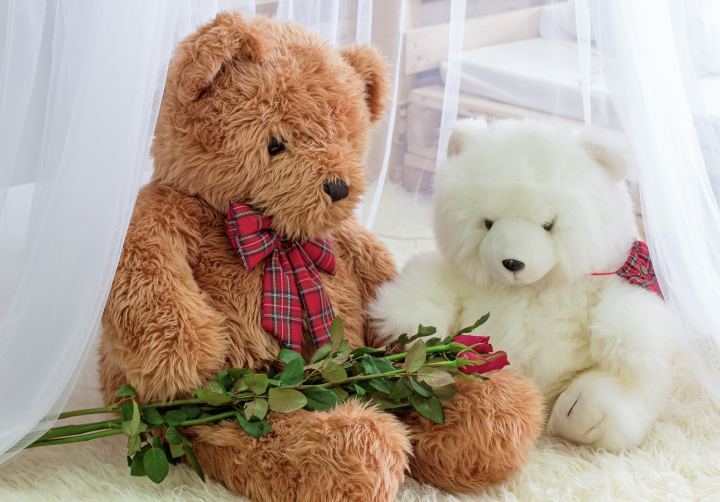 Two Big Toy Bears With A Bouquet Of Roses