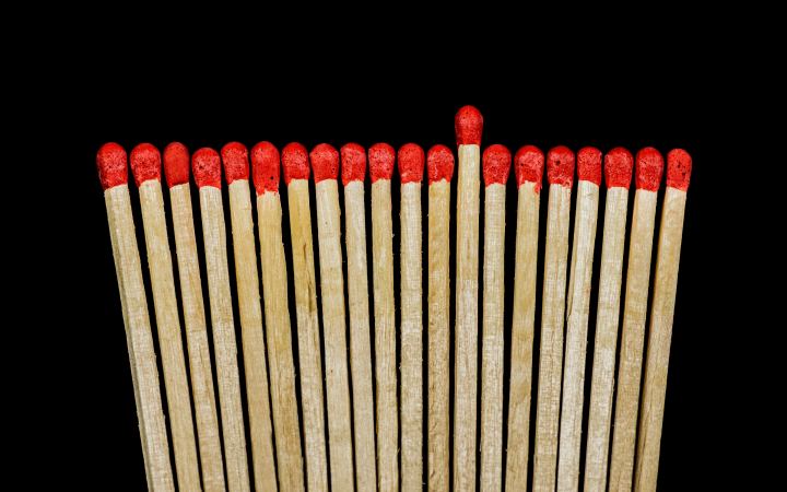 Wooden Matches With Red Gray On Black Background